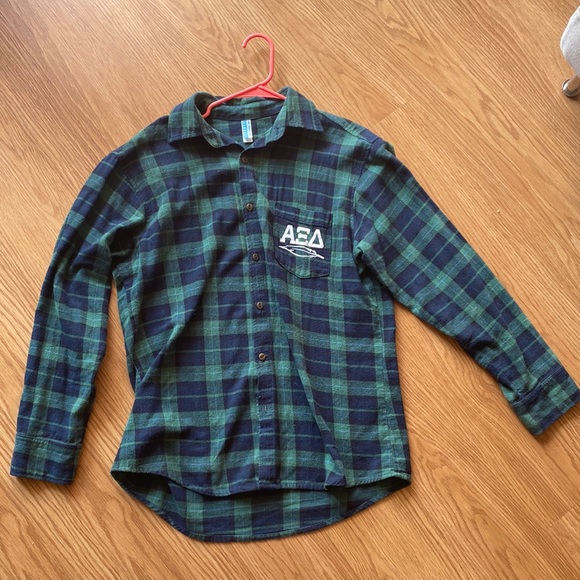 Alpha xi delta green and navy plaid flannel with varsity letters - Picture 2 of 3